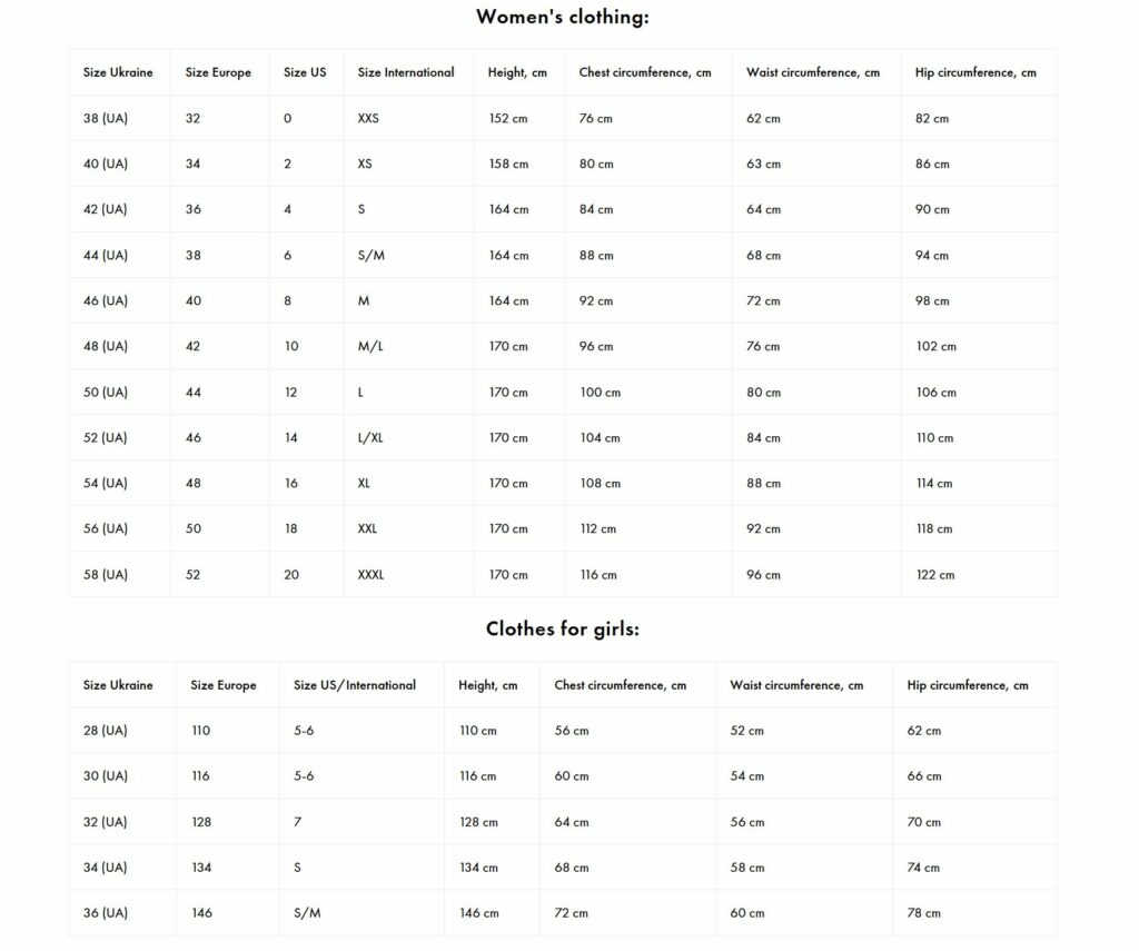Tabela wymiarów odzieży damskiej i dziewczęcej marki FDCompany