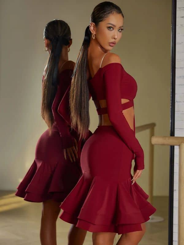 Spódnica do Latino ZYM Rosy Skirt 23117 – Bordowa z Krynoliną i Kwiatem