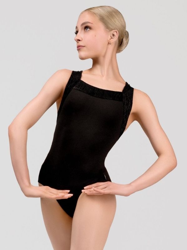 Body Damskie Grand Prix Stella – Czarne Baletowe na Szerokich Ramiączkach z Welurem