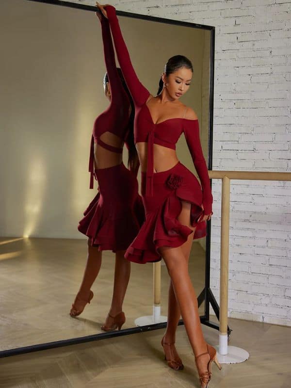 Spódnica do Latino ZYM Rosy Skirt 23117 – Bordowa z Krynoliną i Kwiatem