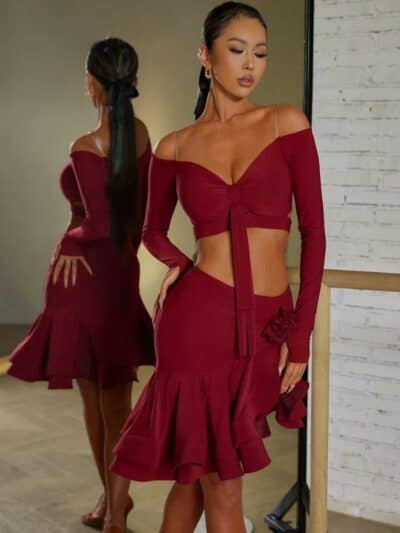 Spódnica do Latino ZYM Rosy Skirt 23117 – Bordowa z Krynoliną i Kwiatem