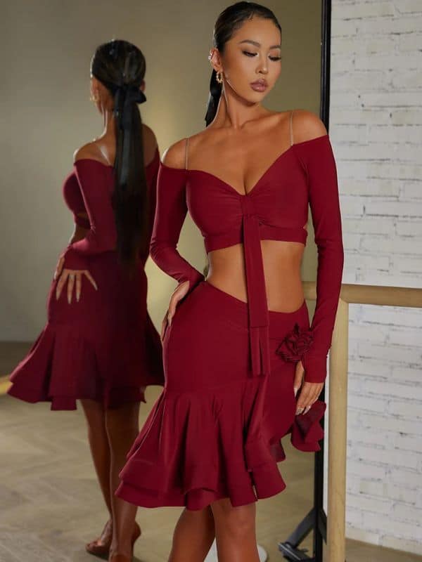 Spódnica do Latino ZYM Rosy Skirt 23117 – Bordowa z Krynoliną i Kwiatem