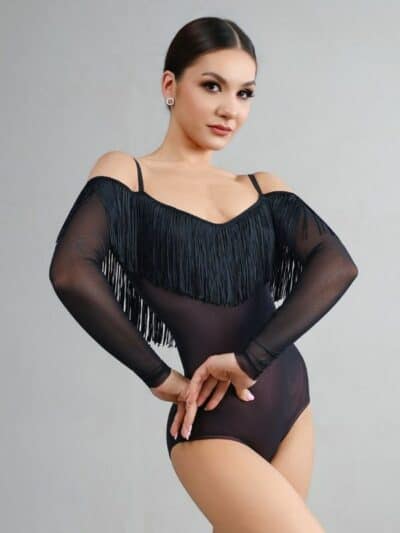 Body Damskie Grand Prix Gracia – Czarne z Frędzlami i Odkrytymi Ramionami